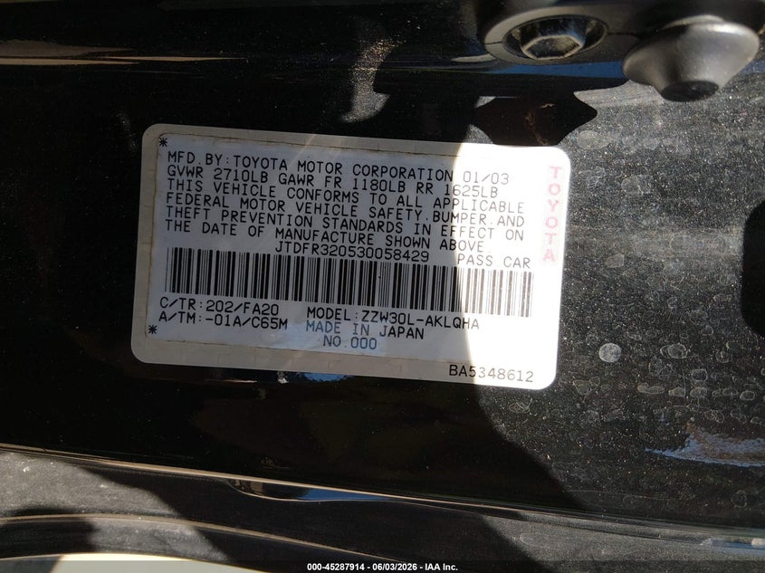 2003 Toyota Mr2 VIN JTDFR320530058429 IAAI salvage auction — NORMAL WEAR, Clear (Virginia), sold $425 on 2026-07-16 (photo 9)