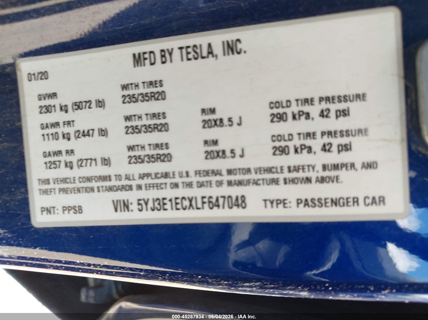 2020 Tesla Model 3 VIN 5YJ3E1ECXLF647048 IAAI salvage auction — RIGHT FRONT, Salvage Title, sold $7,750 on 2026-07-16 (photo 9)
