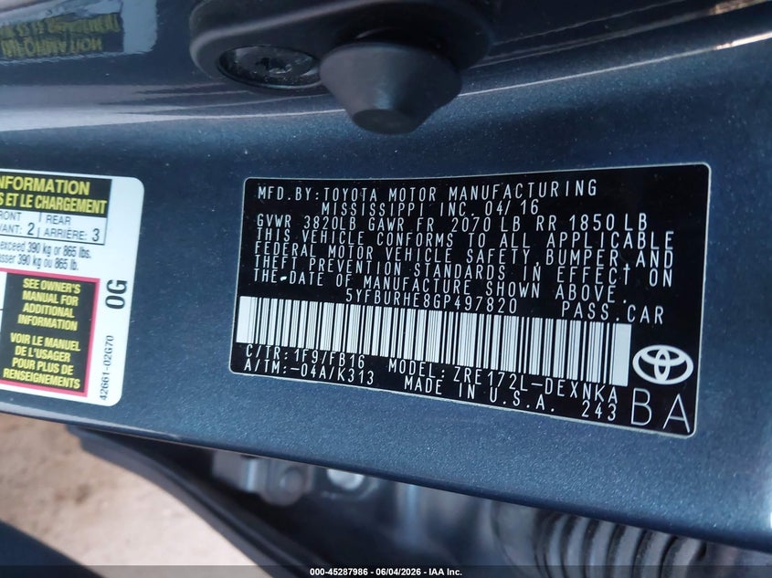 2016 Toyota Corolla VIN 5YFBURHE8GP497820 IAAI salvage auction — RIGHT FRONT, Salvage Title, sold $3,250 on 2026-07-30 (photo 9)