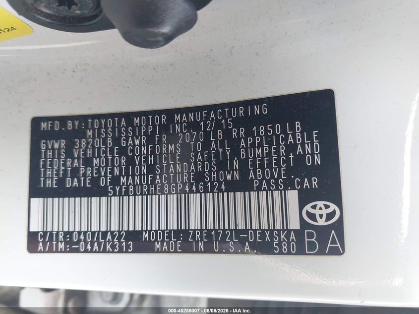 2016 Toyota Corolla VIN 5YFBURHE8GP446124 IAAI salvage auction — FRONT END, Salvage Title, sold $3,800 on 2026-07-20 (photo 9)