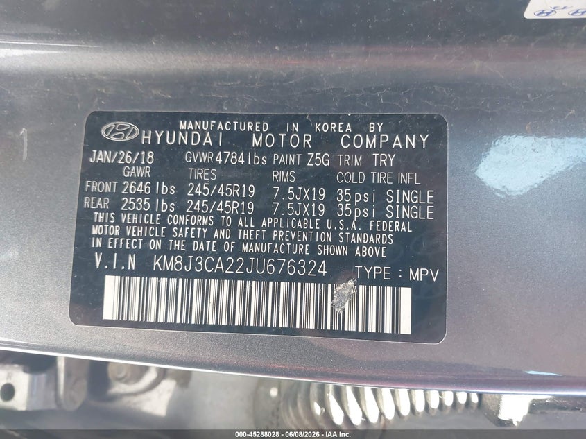 2018 Hyundai Tucson VIN KM8J3CA22JU676324 IAAI salvage auction — NORMAL WEAR, Clear (New York), sold $1,600 on 2026-07-09 (photo 9)