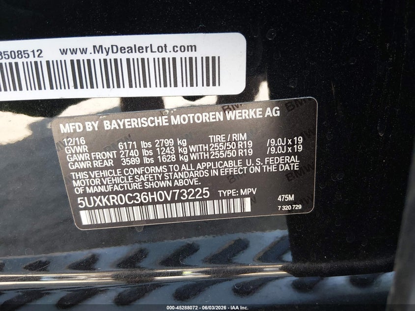 2017 BMW X5 VIN 5UXKR0C36H0V73225 IAAI salvage auction — LEFT REAR, Salvage Title, sold $5,450 on 2026-07-15 (photo 9)