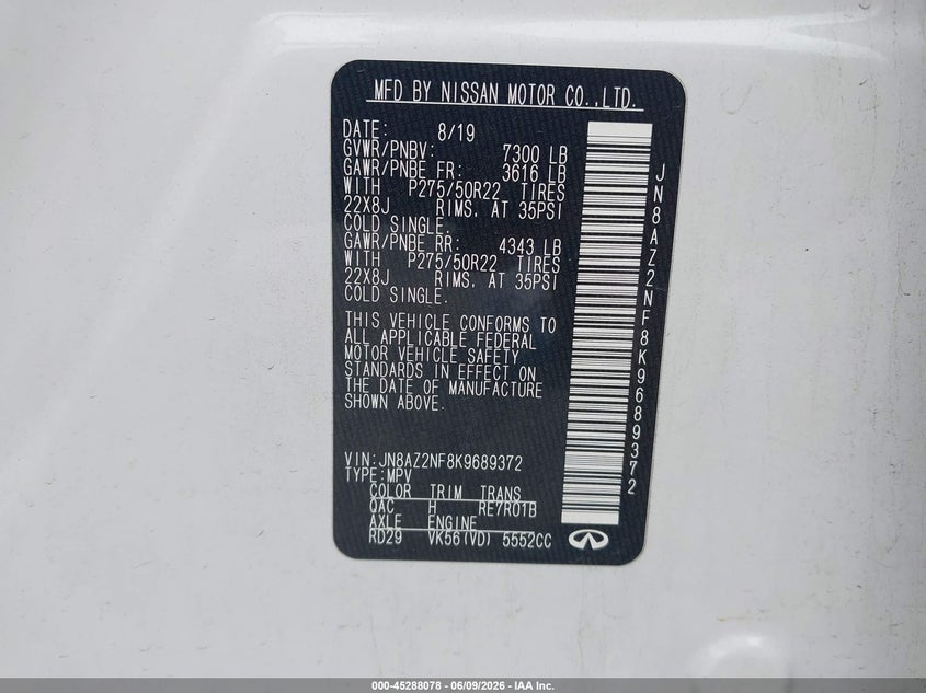 2019 Infiniti Qx80 VIN JN8AZ2NF8K9689372 IAAI salvage auction — FRONT END, Salvage Title, sold $5,650 on 2026-07-23 (photo 9)