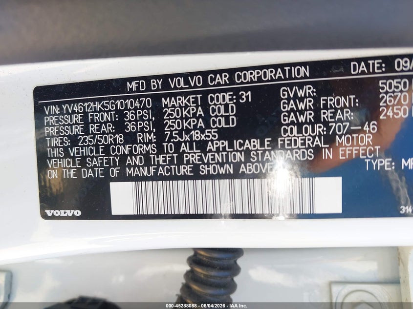 2016 Volvo V60 cross country VIN YV4612HK5G1010470 IAAI salvage auction — UNKNOWN, Salvage Title, sold $2,750 on 2026-07-30 (photo 9)