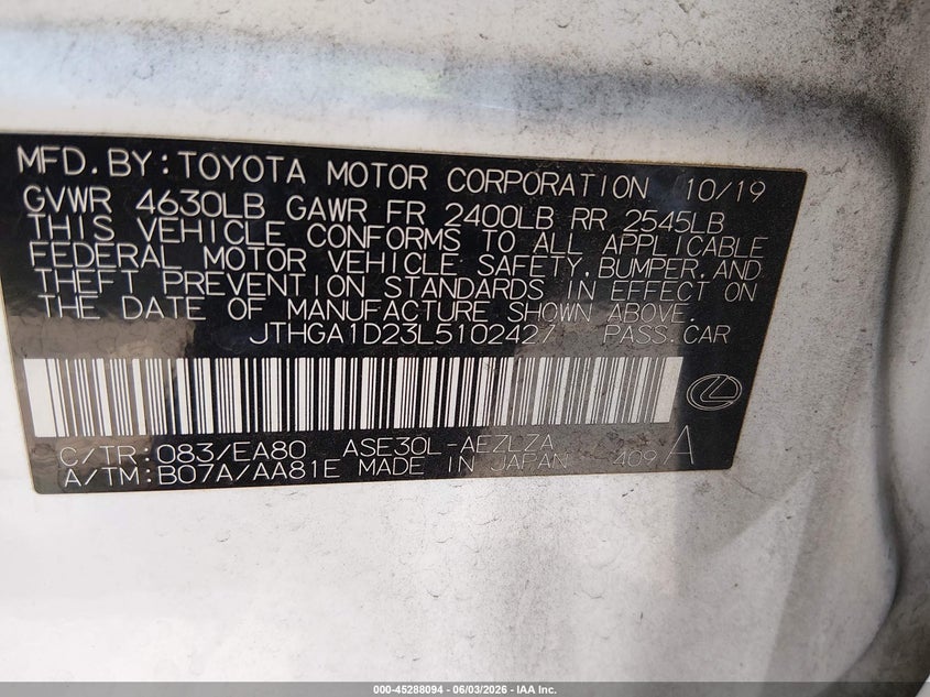 2020 Lexus Is VIN JTHGA1D23L5102427 IAAI salvage auction — FRONT END, Salvage Title, sold $5,650 on 2026-07-22 (photo 9)