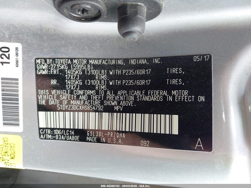 2017 Toyota Sienna VIN 5TDYZ3DCXHS854792 IAAI salvage auction — REAR END, Salvage Title, sold $3,250 on 2026-07-16 (photo 9)