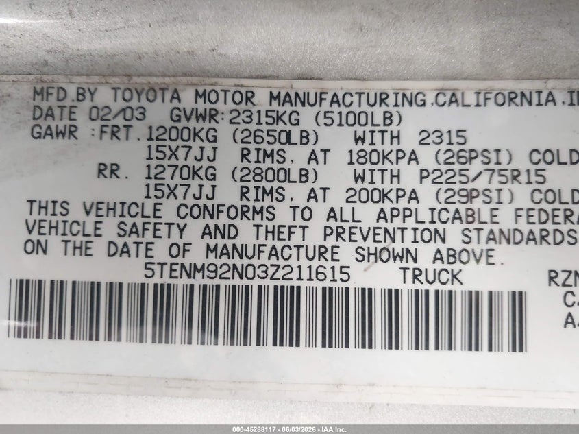2003 Toyota Tacoma VIN 5TENM92N03Z211615 IAAI salvage auction — FRONT END, Salvage (California), sold $3,850 on 2026-07-22 (photo 9)