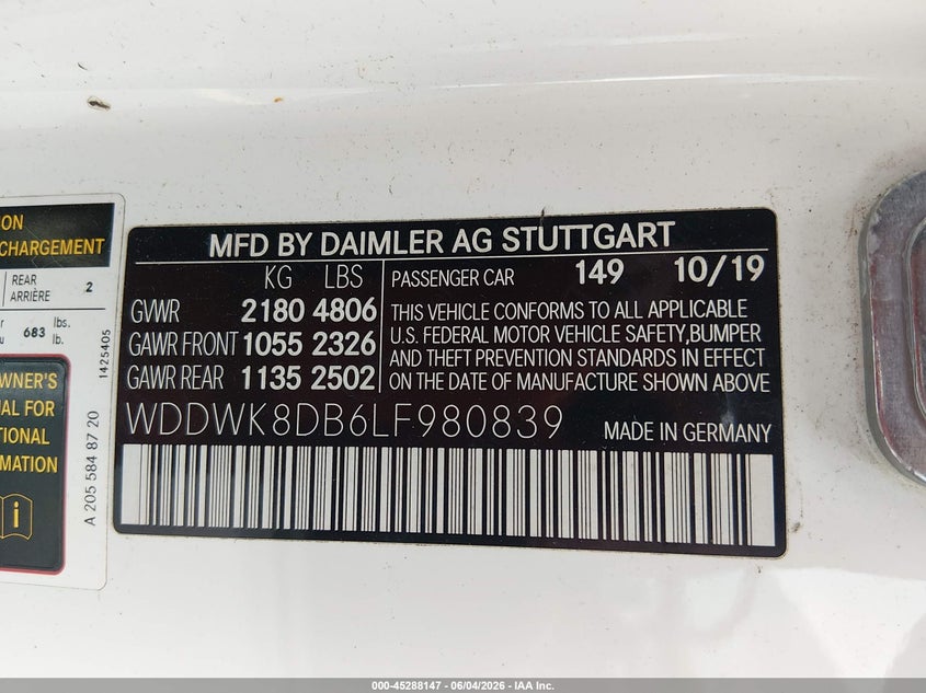 2020 Mercedes-benz C-klasse VIN WDDWK8DB6LF980839 IAAI salvage auction — WATER/FLOOD, Salvage Title, sold $9,875 on 2026-07-23 (photo 9)