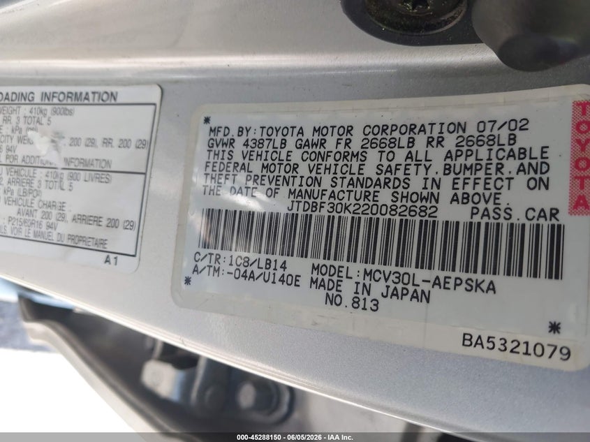 2002 Toyota Camry VIN JTDBF30K220082682 IAAI salvage auction — NORMAL WEAR, Clear (Florida), sold $400 on 2026-07-14 (photo 9)