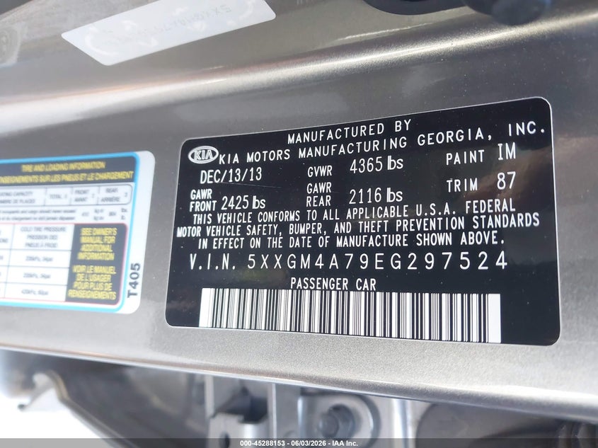 2014 Kia Optima VIN 5XXGM4A79EG297524 IAAI salvage auction — RIGHT SIDE, Salvage (Georgia), sold $1,175 on 2026-07-07 (photo 9)