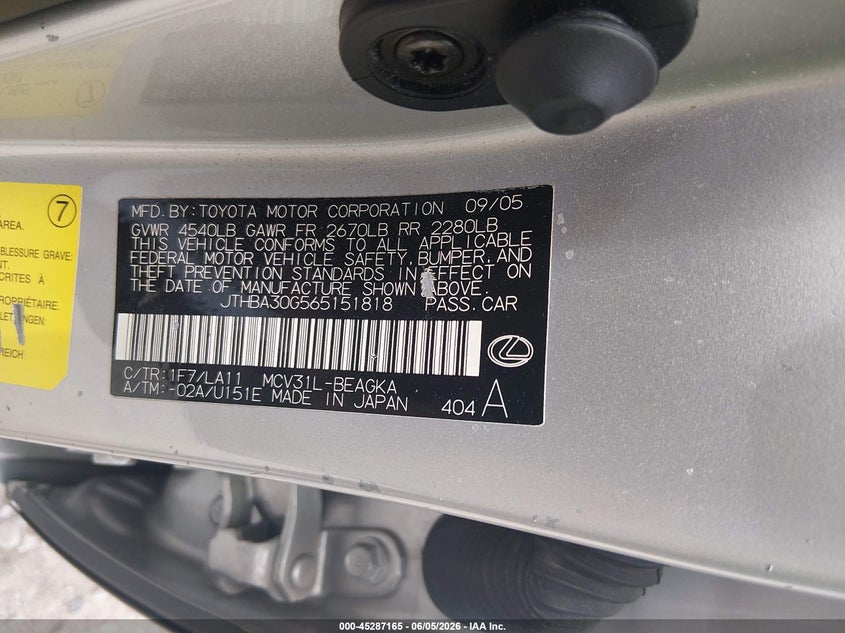 2006 Lexus Es 330 VIN JTHBA30G565151818 IAAI salvage auction — NORMAL WEAR, Clear (Missouri), sold $525 on 2026-07-06 (photo 9)