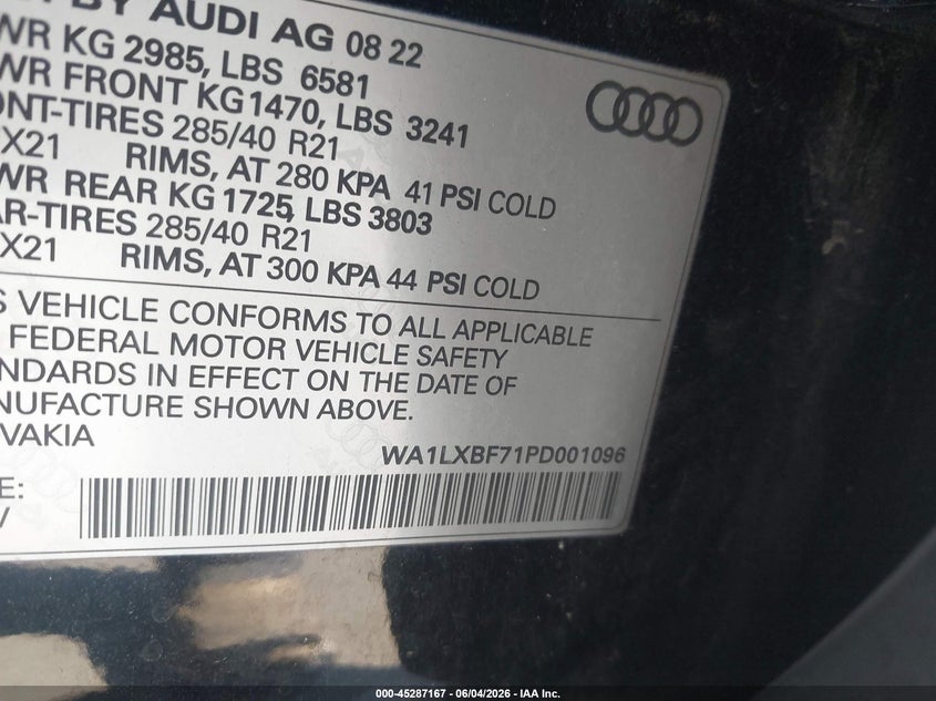 2023 Audi Q7 VIN WA1LXBF71PD001096 IAAI salvage auction — REAR END, Salvage Title, sold $25,250 on 2026-07-08 (photo 9)