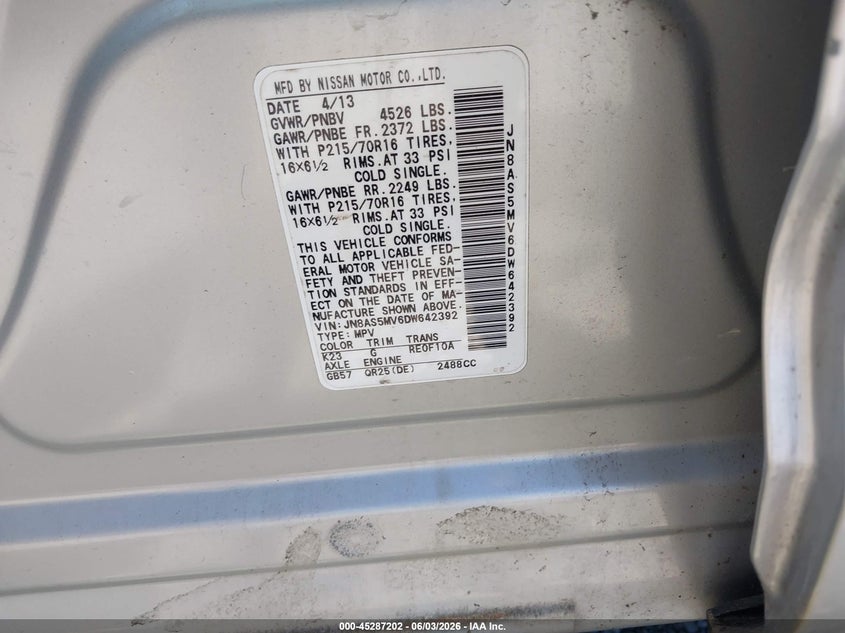 2013 Nissan Rogue VIN JN8AS5MV6DW642392 IAAI salvage auction — REAR END, Salvage Title, sold $425 on 2026-07-07 (photo 9)