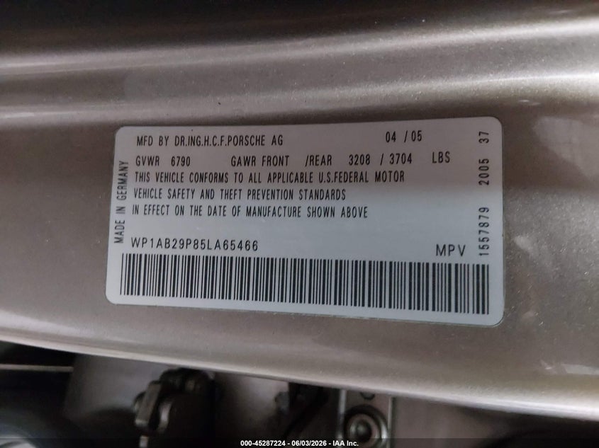 2005 Porsche Cayenne VIN WP1AB29P85LA65466 IAAI salvage auction — UNDERCARRIAGE, Salvage (Idaho), sold $800 on 2026-08-21 (photo 9)