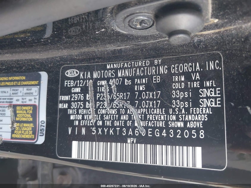 2014 Kia Sorento VIN 5XYKT3A60EG432058 IAAI salvage auction — NORMAL WEAR, Clear-Dealer Only (West Virginia), sold $900 on 2026-07-06 (photo 9)