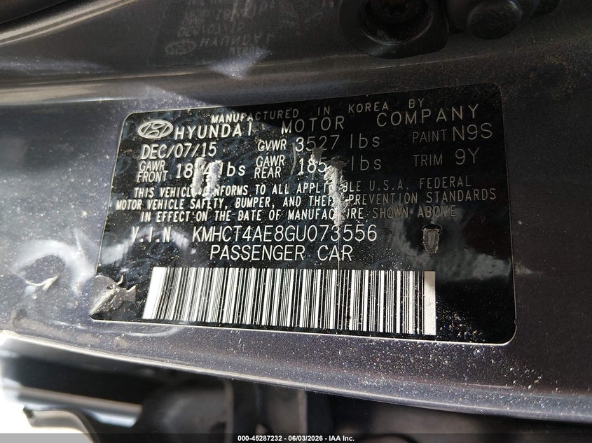 2016 Hyundai Accent VIN KMHCT4AE8GU073556 IAAI salvage auction — FRONT & REAR, Salvage Title, sold $400 on 2026-07-15 (photo 9)