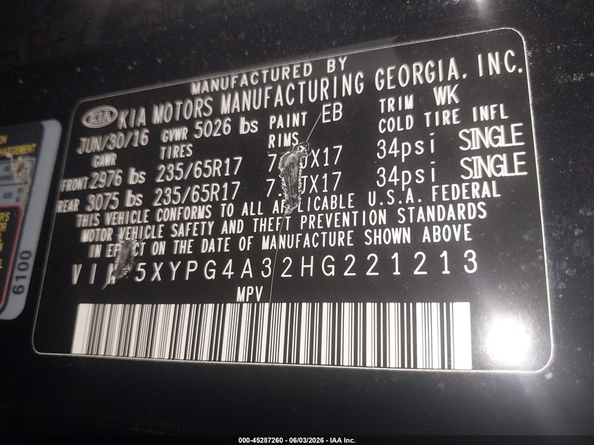 2017 Kia Sorento VIN 5XYPG4A32HG221213 IAAI salvage auction — FRONT END, Salvage Title, sold $300 on 2026-07-21 (photo 9)