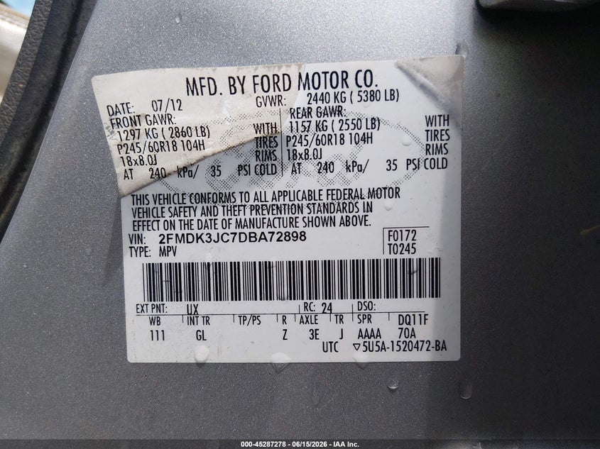 2013 Ford Edge VIN 2FMDK3JC7DBA72898 IAAI salvage auction — SIDE, Salvage (South Carolina), sold $550 on 2026-07-18 (photo 9)