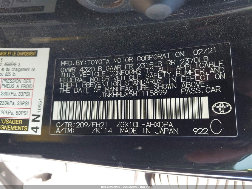 2021 Toyota C-hr VIN JTNKHMBX5M1115899 IAAI salvage auction — FRONT END, Salvage Title, sold $5,950 on 2026-07-09 (photo 9)