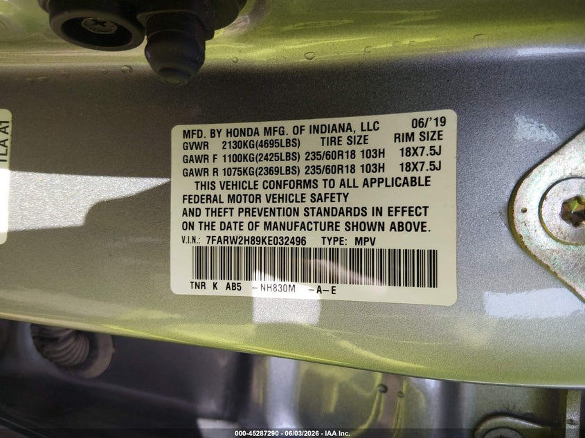 2019 Honda Cr-v VIN 7FARW2H89KE032496 IAAI salvage auction — FRONT END, Salvage Title, sold $8,600 on 2026-07-09 (photo 9)