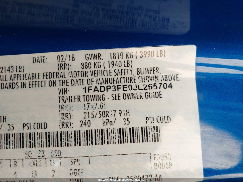 2018 Ford Focus VIN 1FADP3FE0JL265704 IAAI salvage auction — FRONT END, Salvage Title, sold $1,800 on 2026-07-15 (photo 9)