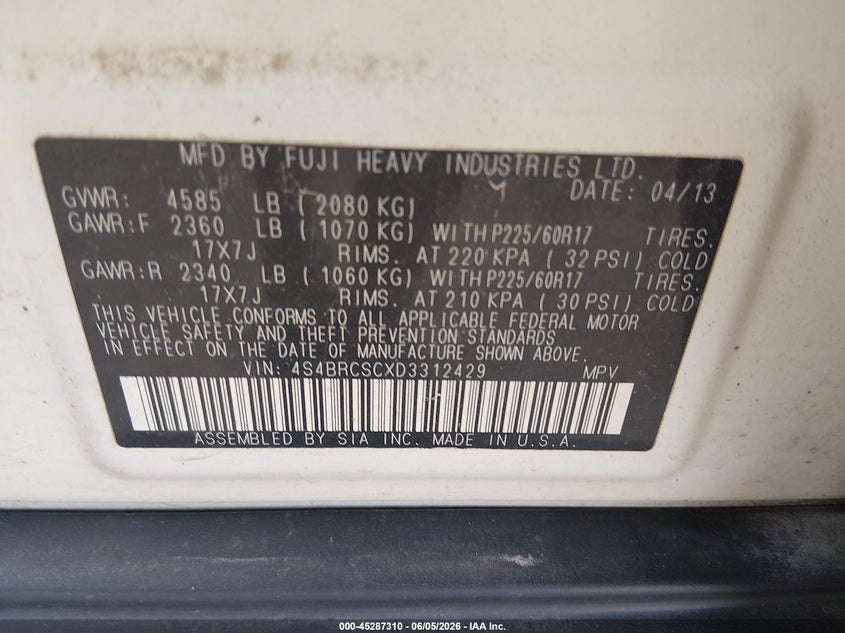 2013 Subaru Outback VIN 4S4BRCSCXD3312429 IAAI salvage auction — FRONT END, Salvage Title, sold $525 on 2026-07-24 (photo 9)