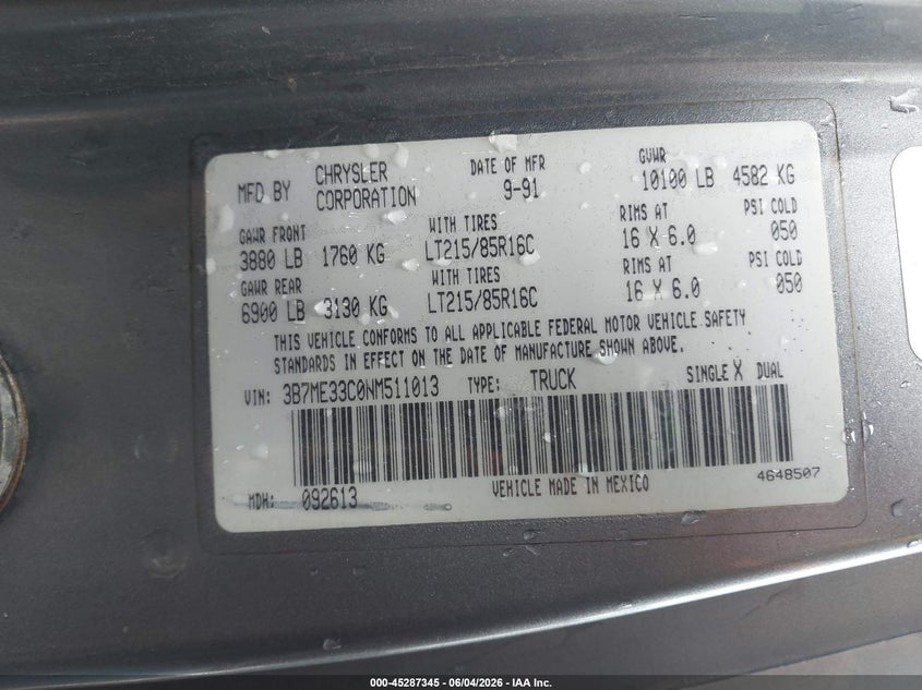 1992 Dodge D-series VIN 3B7ME33C0NM511013 IAAI salvage auction — LEFT SIDE, Original (Texas), sold $7,100 on 2026-08-18 (photo 8)