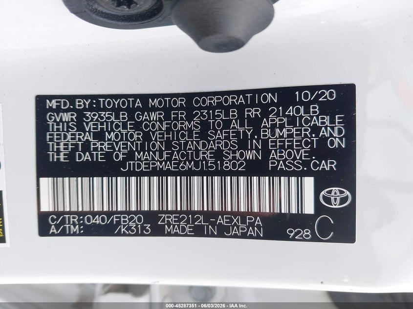 2021 Toyota Corolla VIN JTDEPMAE6MJ151802 IAAI salvage auction — RIGHT SIDE, Salvage Title, sold $7,550 on 2026-09-10 (photo 9)