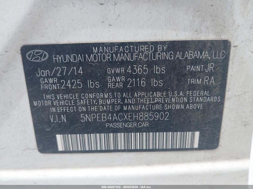 2014 Hyundai Sonata VIN 5NPEB4ACXEH885902 IAAI salvage auction — Front End, Salvage, sold $1,625 on 2026-07-08 (photo 9)