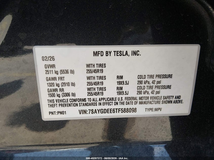 2026 Tesla Model y VIN 7SAYGDEE6TF588098 IAAI salvage auction — REAR END, Salvage Title, sold $24,250 on 2026-07-23 (photo 9)