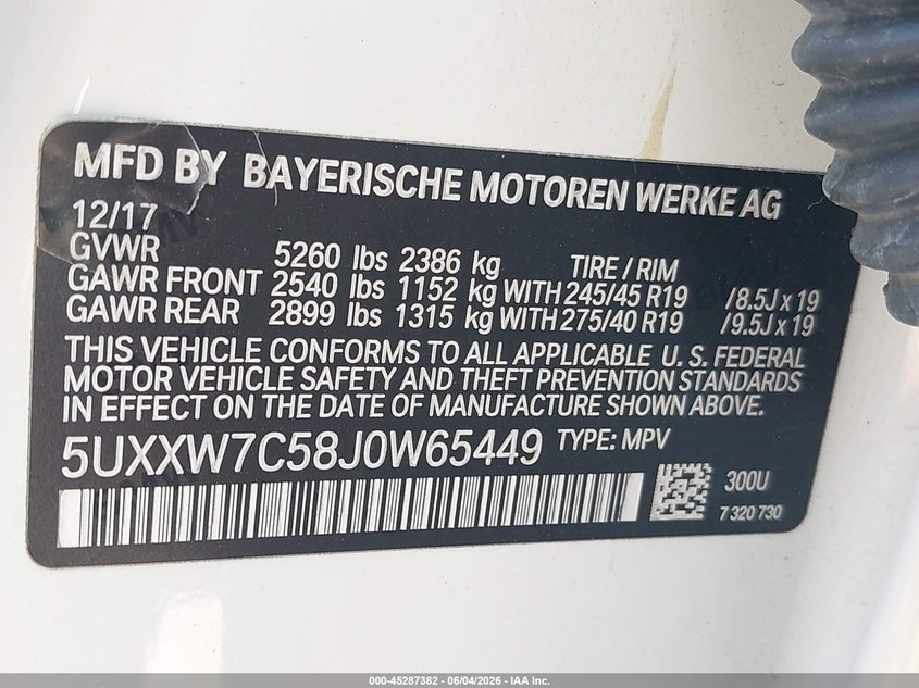 2018 BMW X4 VIN 5UXXW7C58J0W65449 IAAI salvage auction — LEFT FRONT, Salvage Title, sold $5,200 on 2026-07-15 (photo 9)