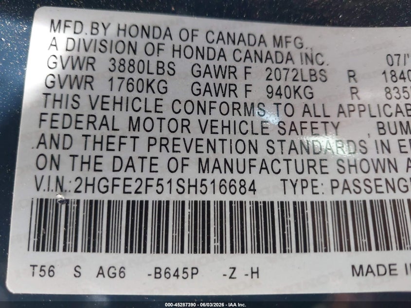2025 Honda Civic VIN 2HGFE2F51SH516684 IAAI salvage auction — LEFT FRONT, Salvage Title, sold $6,400 on 2026-07-22 (photo 9)