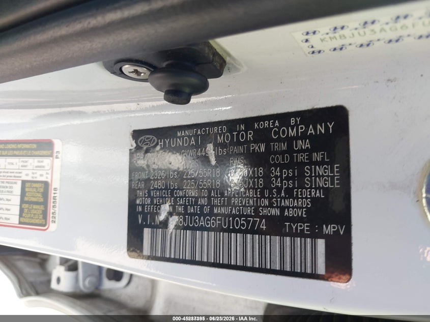 2015 Hyundai Tucson VIN KM8JU3AG6FU105774 IAAI salvage auction — LEFT FRONT, Clear (North Carolina), sold $2,025 on 2026-07-20 (photo 9)
