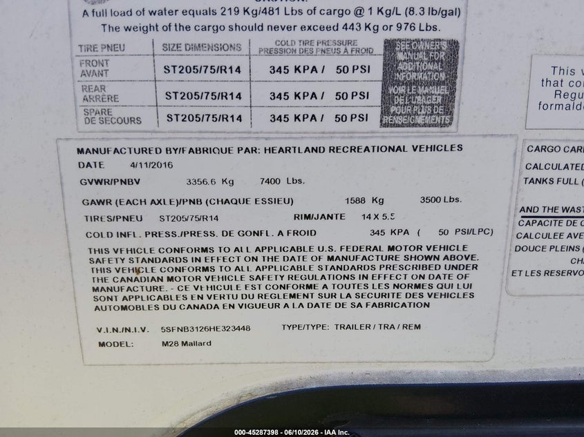 2017 Heartland rv Mallard VIN 5SFNB3126HE323448 IAAI salvage auction — WATER/FLOOD, Salvage (Tennessee), sold $1,800 on 2026-07-28 (photo 9)