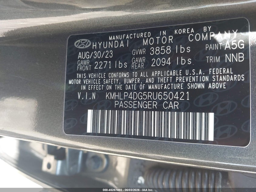 2024 Hyundai Elantra VIN KMHLP4DG5RU650421 IAAI salvage auction — FRONT END, Salvage Title, sold $3,150 on 2026-07-19 (photo 9)