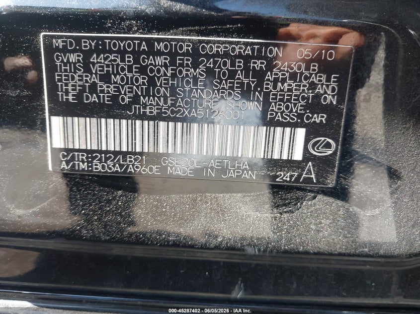 2010 Lexus Is VIN JTHBF5C2XA5126001 IAAI salvage auction — RIGHT FRONT, Salvage (California), sold $825 on 2026-07-07 (photo 9)