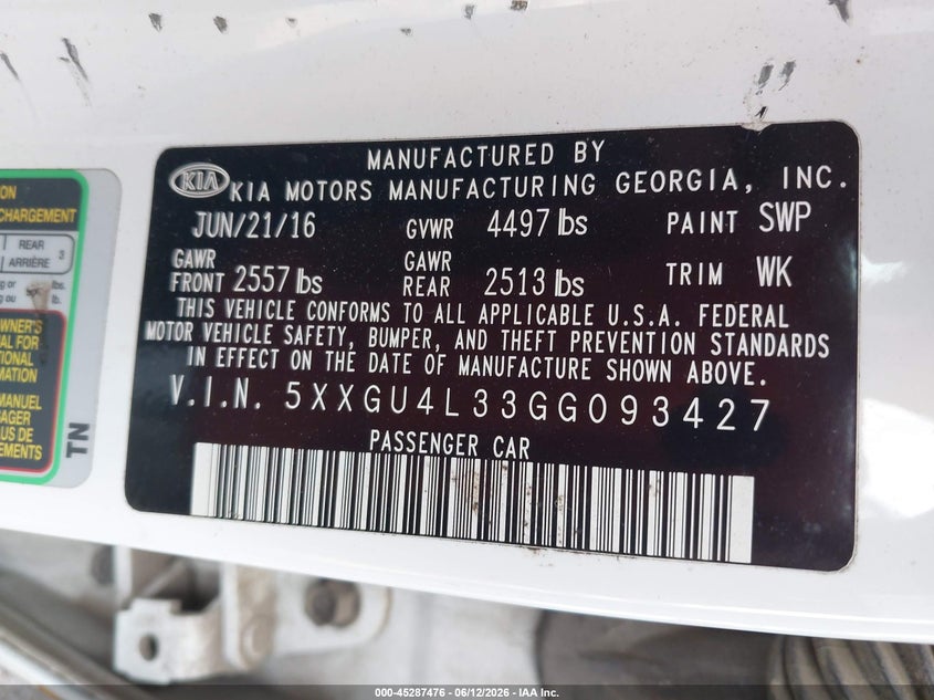 2016 Kia Optima VIN 5XXGU4L33GG093427 IAAI salvage auction — FRONT & REAR, Salvage (Mississippi), sold $275 on 2026-07-29 (photo 9)