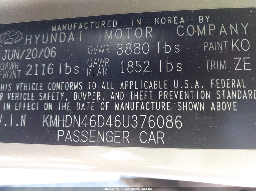 2006 Hyundai Elantra VIN KMHDN46D46U376086 IAAI salvage auction — FRONT END, Salvage (North Carolina), sold $425 on 2026-07-08 (photo 9)