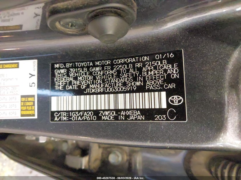2016 Toyota Prius VIN JTDKBRFU0G3005919 IAAI salvage auction — FRONT END, Salvage Title, sold $2,800 on 2026-07-30 (photo 9)