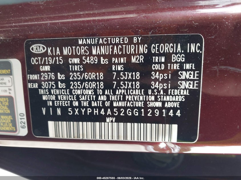 2016 Kia Sorento VIN 5XYPH4A52GG129144 IAAI salvage auction — BIO HAZARD, Clear (Minnesota), sold $2,100 on 2026-07-08 (photo 9)