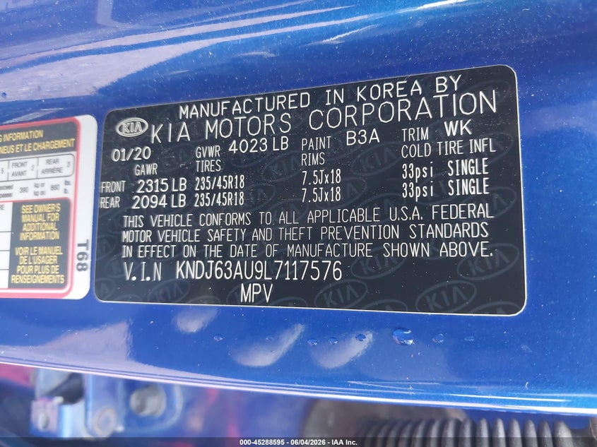 2020 Kia Soul VIN KNDJ63AU9L7117576 IAAI salvage auction — HAIL, Salvage Title, sold $2,950 on 2026-07-29 (photo 9)