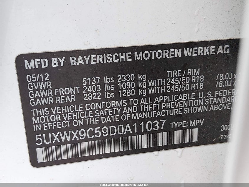 2013 BMW X3 VIN 5UXWX9C59D0A11037 IAAI salvage auction — FRONT END, Salvage Title, sold $1,200 on 2026-07-15 (photo 9)