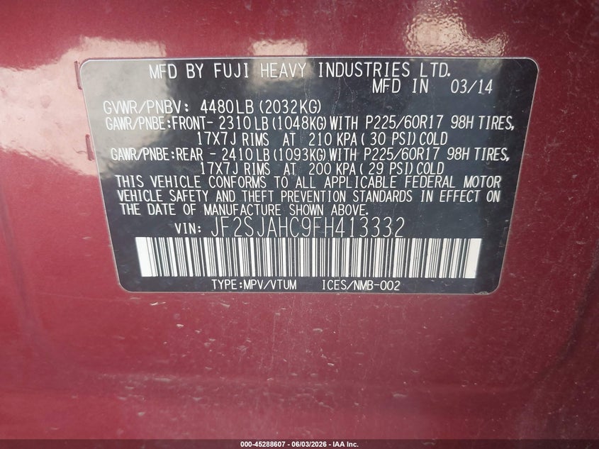2015 Subaru Forester VIN JF2SJAHC9FH413332 IAAI salvage auction — NORMAL WEAR, Clear (Georgia), sold $425 on 2026-07-16 (photo 9)