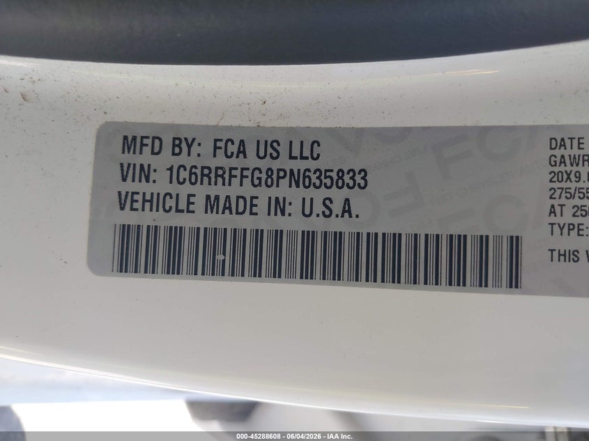 2023 Ram 1500 VIN 1C6RRFFG8PN635833 IAAI salvage auction — FRONT & REAR, Salvage Title, sold $8,600 on 2026-07-23 (photo 9)