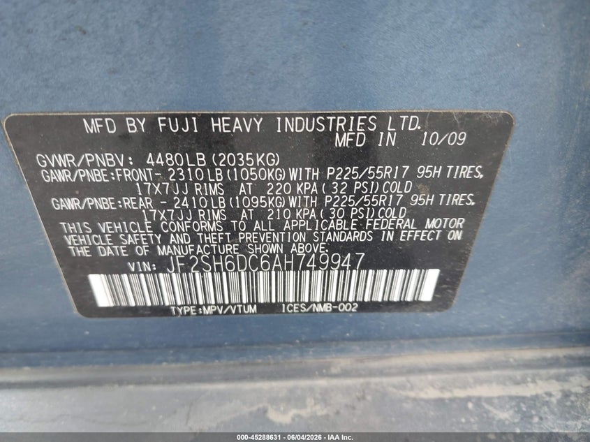2010 Subaru Forester VIN JF2SH6DC6AH749947 IAAI salvage auction — FRONT END, Salvage (Oregon), sold $2,150 on 2026-07-09 (photo 9)