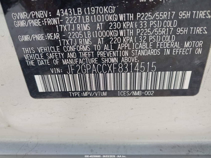 2015 Subaru Xv VIN JF2GPACCXF8314515 IAAI salvage auction — FRONT & REAR, Mv-907A (New York), sold $925 on 2026-07-28 (photo 9)