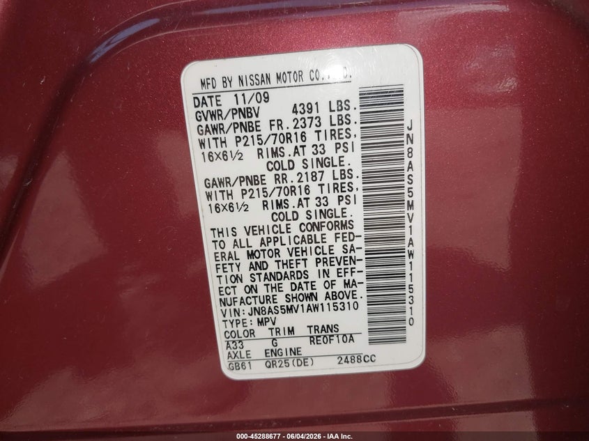 2010 Nissan Rogue VIN JN8AS5MV1AW115310 IAAI salvage auction — FRONT END, Salvage (New Jersey), sold $25 on 2026-07-20 (photo 9)