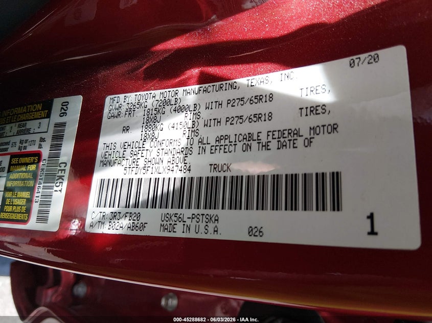 2020 Toyota Tundra VIN 5TFDY5F1XLX947484 IAAI salvage auction — RIGHT FRONT, Salvage Title, sold $11,800 on 2026-07-10 (photo 9)
