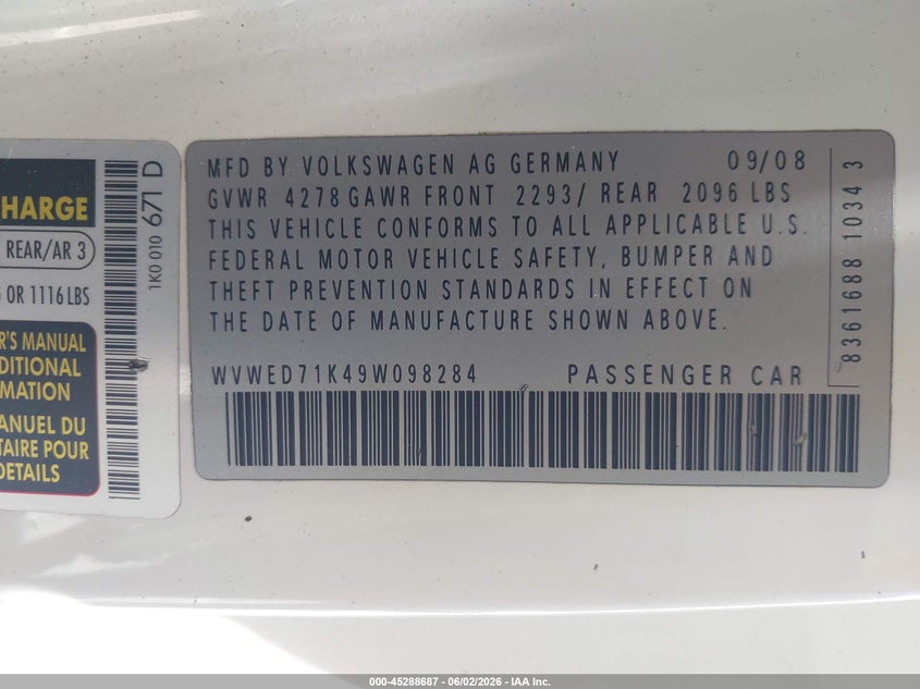 2009 Volkswagen Gti VIN WVWED71K49W098284 IAAI salvage auction — SIDE, Salvage (Texas), sold $225 on 2026-08-05 (photo 9)