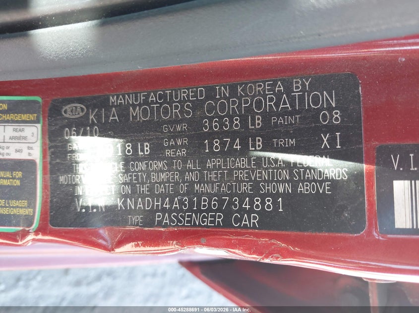 2011 Kia Rio VIN KNADH4A31B6734881 IAAI salvage auction — LEFT FRONT, Salvage (Pennsylvania), sold $175 on 2026-07-28 (photo 9)